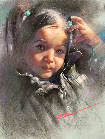 Portrait painting of a girl in warm light